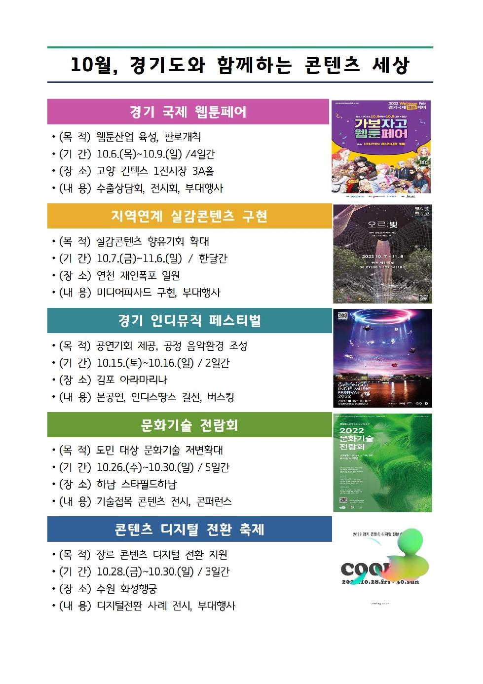 경기도, 웹툰·문화기술 등 콘텐츠 행사 5개 10월 연이어 개최