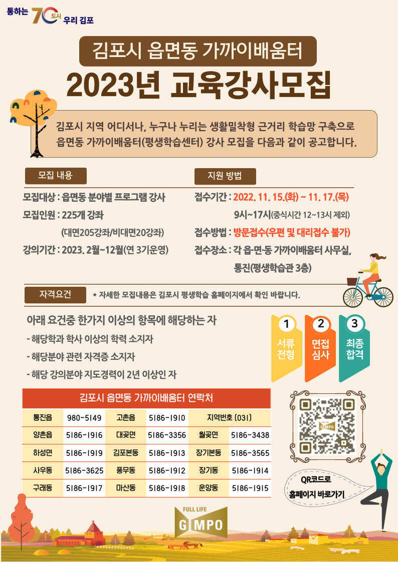 김포시, 2023년 읍·면·동 가까이배움터 교육 강사 모집
