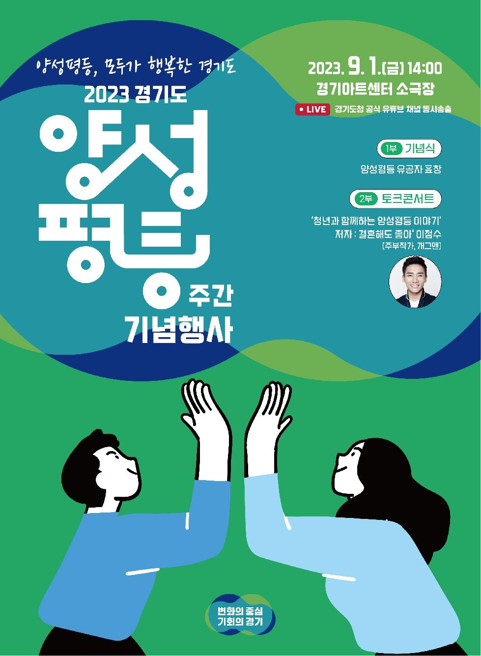 경기도, 9월1일 ‘양성평등주간’ 기념식. 토크콘서트 등 진행