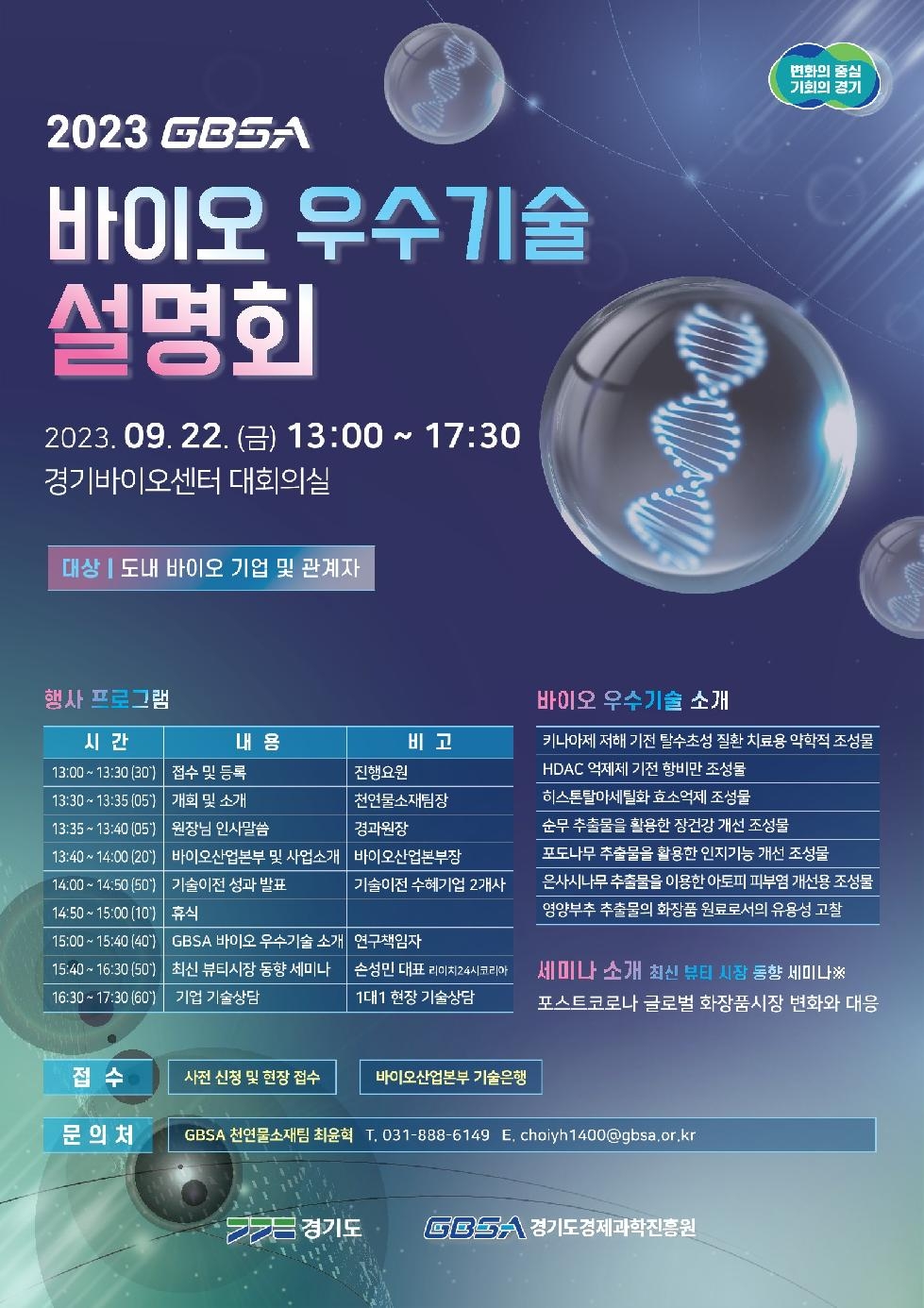 경기도, 22일 바이오 우수기술 설명회 열어, 7개 바이오 기술 소개