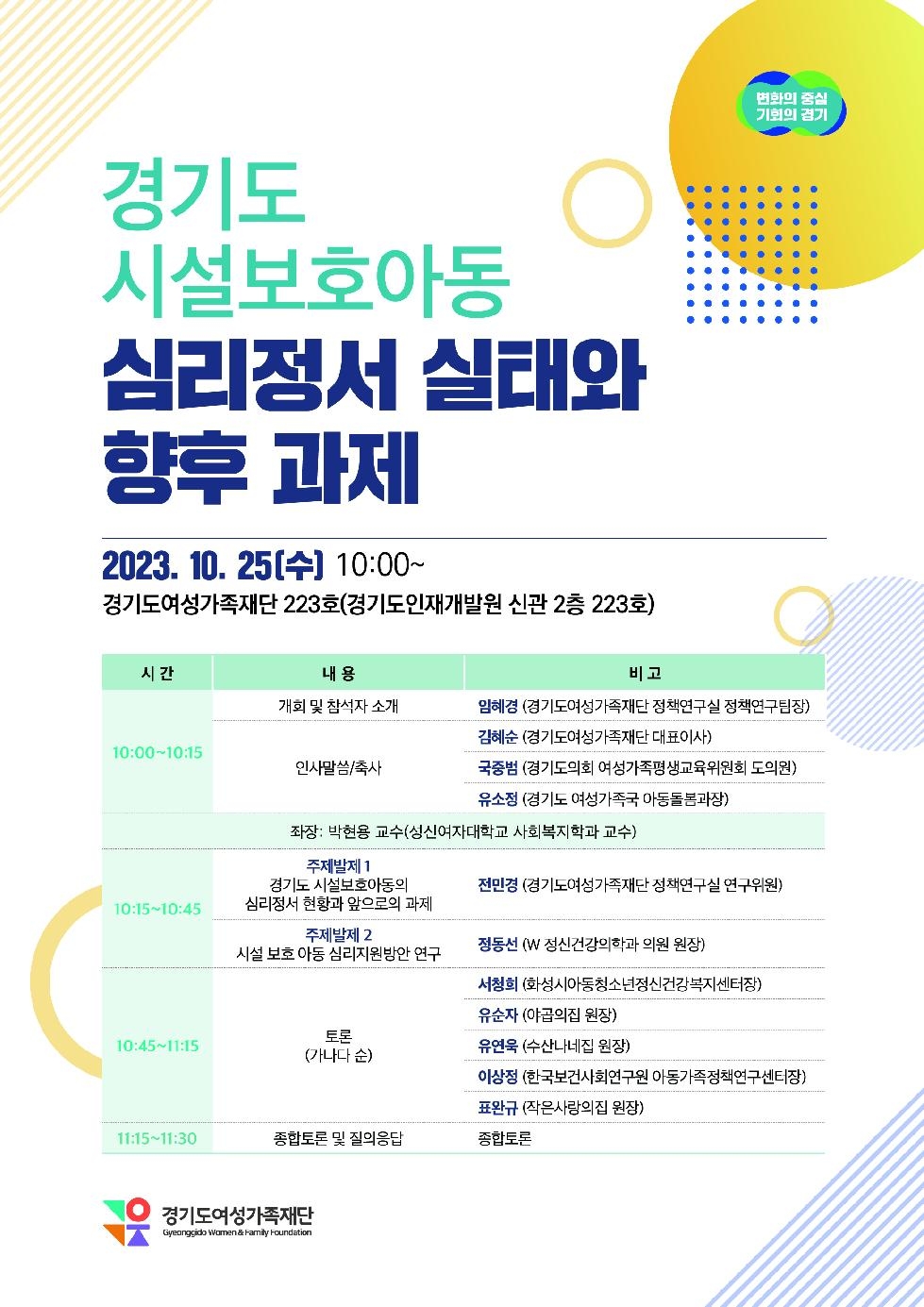 경기도, 도 여성가족재단  25일 시설보호아동 정책포럼 개최