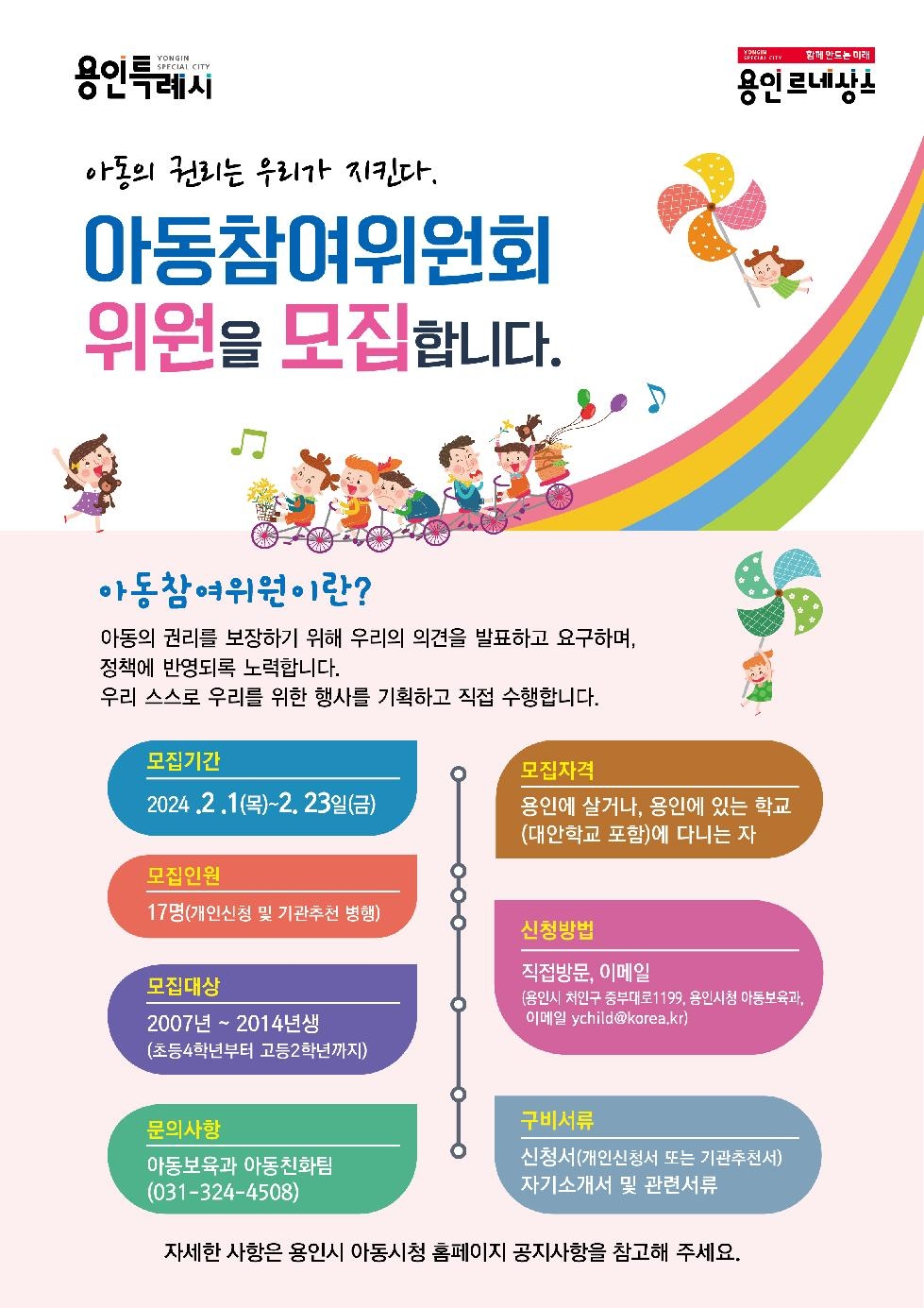 용인시, 아동의 권리 증진과 정책 제안 역할 ‘제6기 아동참여위원’ 모집