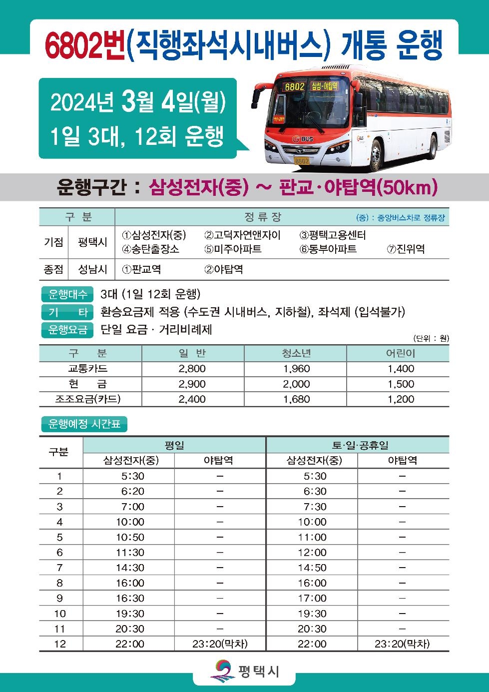 평택시 ‘송탄~야탑’ 광역버스 6802번 운행개시
