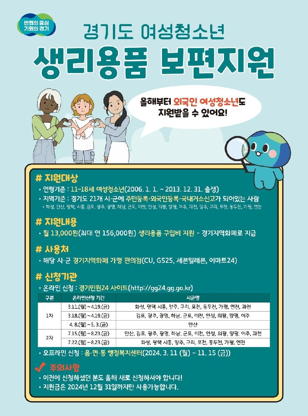 경기도, 여성청소년 생리용품 보편지원 11일부터 접수. 올해부터 외국인 여성청소년 포함