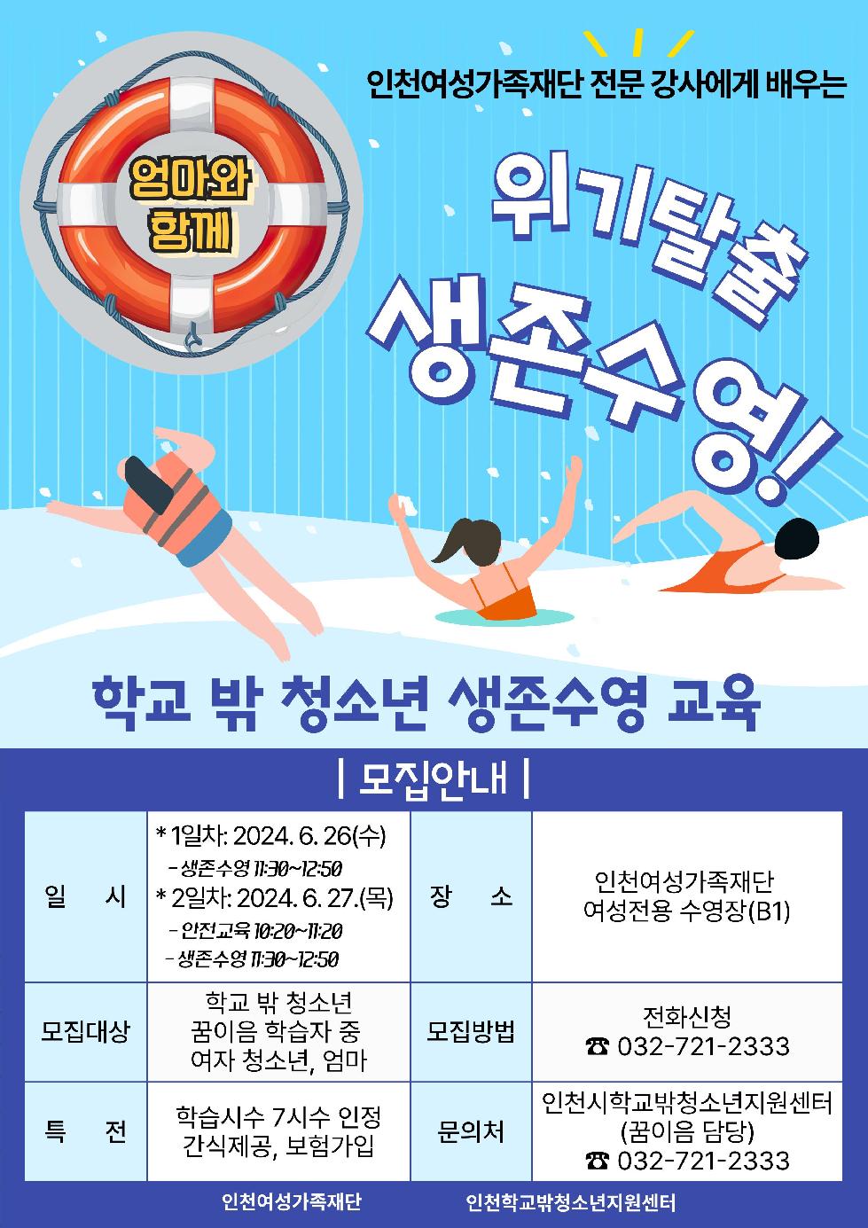 인천시 인천여성가족재단, 학교 밖 청소년 생존수영 프로그램 운영